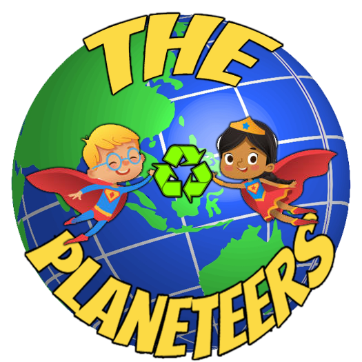 The Planeteer logo of the Earth globe showing recycle logo in centre, surrounded by a boy and girl Superhero.